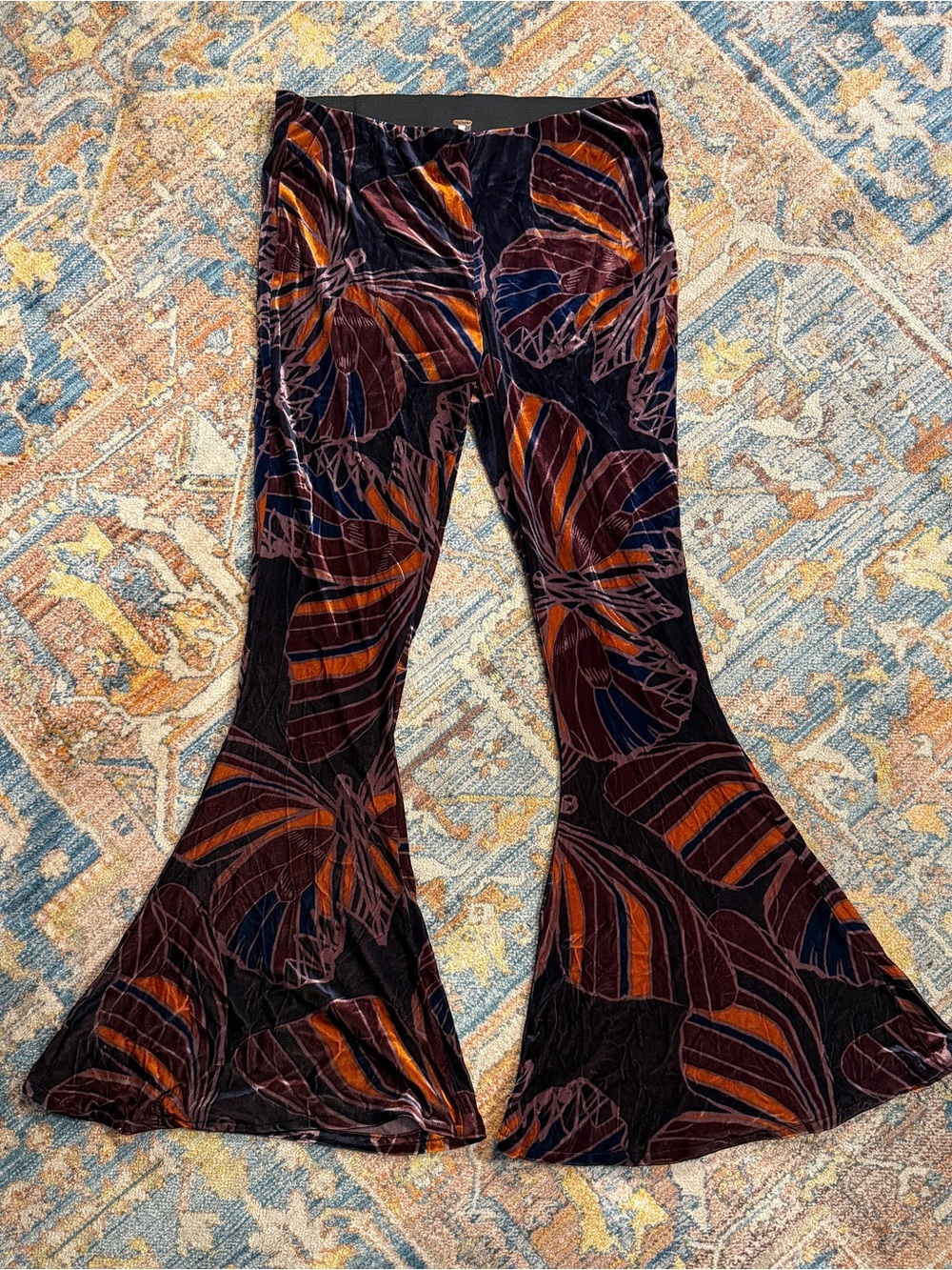 Free People Black Velvet Burnout Flare Pants with Rust & Navy Leaf Print